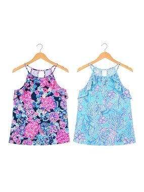 Lilly Pulitzer XS Ruffle Halter Tank Top Bundle Coral Reef Print Set of 2 Cotton